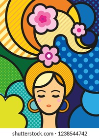 Pop art illustration for your design. Beautiful woman face / head / hair in modern style. Colorful vector illustration of young and healthy girl. 