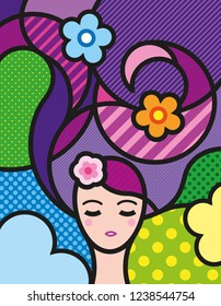 Pop art illustration for your design. Beautiful woman face / head / hair in modern style. Colorful vector illustration of young and healthy girl. 