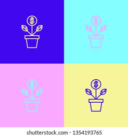 Pop Art Illustrtaion Four Styles Dollar Plant Vector Icon Sign Symbol. Money Tree