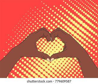 Pop art image of hands in the shape of the heart. The concept of love and friendship.