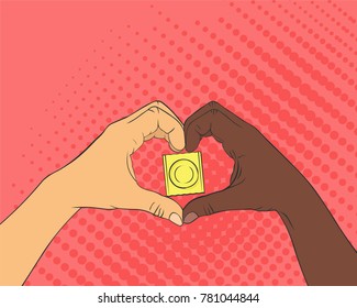Pop art image of hands in the shape of the heart. Condom inside arms sign. The concept of love and healthcare.
