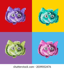 Pop art image of a magical cat familiar with a moon in its forehead