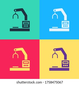 Pop art Industrial machine robotic robot arm hand factory icon isolated on color background. Industrial robot manipulator.  Vector Illustration