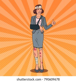 Pop Art Injured Business Woman Smiling. Bandaged Office Female Worker. Vector illustration