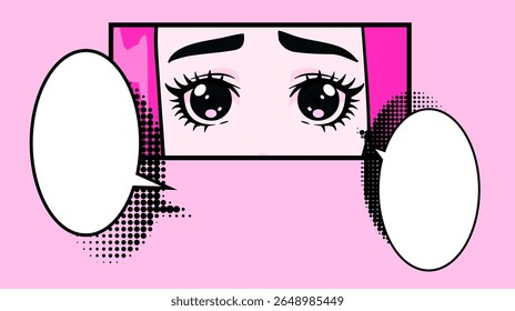 Pop art inspirou vetor de expressivos olhos estilo mangá com sobrancelhas grossas e cabelo rosa, bolhas de fala, contornos pretos arrojados e sombreamento de ponto de meio-tom em um fundo rosa claro.