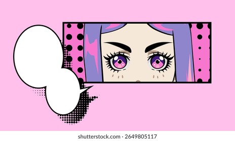 Pop art inspirou vetor de expressivos olhos estilo mangá com sobrancelhas grossas e cabelo rosa, bolhas de fala, contornos pretos arrojados e sombreamento de ponto de meio-tom em um fundo rosa claro.