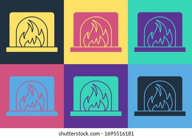 Pop art Interior fireplace icon isolated on color background.  Vector Illustration