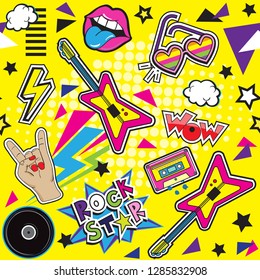 Pop art items with guitar, cassette, lips and inscription rock star on a yellow background seamless pattern