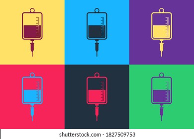 Pop art IV bag icon isolated on color background. Blood bag icon. Donate blood concept. The concept of treatment and therapy, chemotherapy. Vector.