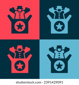 Pop art Jack in the box toy icon isolated on color background. Jester out of the box.  Vector