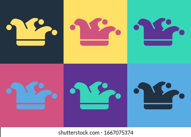 Pop art Joker playing card icon isolated on color background. Jester hat with bells. Casino gambling.  Vector Illustration