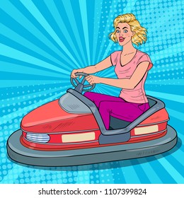 Pop Art Joyful Woman Riding Bumper Car at Fun Fair. Girl in Electric Car at Amusement Park. Vector illustration