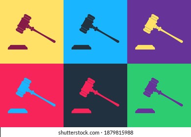 Pop art Judge gavel icon isolated on color background. Gavel for adjudication of sentences and bills, court, justice, with a stand. Auction hammer. Vector.