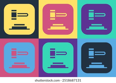 Pop art Judge gavel icon isolated on color background. Gavel for adjudication of sentences and bills, court, justice. Auction hammer.  Vector