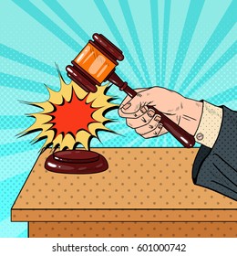 Pop Art Judge Hitting Wooden Gavel in a Courtroom. Vector illustration