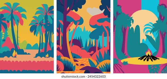 Pop art jungle  warm color   summer night  campfire bonfire  sunset  palmtree  forrest  triptych triology