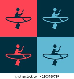 Pop art Kayak and paddle icon isolated on color background. Kayak and canoe for fishing and tourism. Outdoor activities.  Vector
