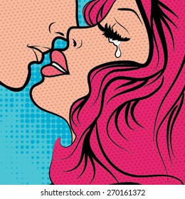 Pop Art Kissing Couple In Love. Vector Illustration.