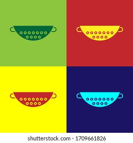 Icono del colador Pop art Kitchen aislado en el fondo de color. Cocinando utensil. Signo de cubertería. Ilustración vectorial