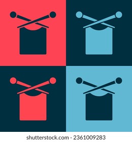 Pop art Knitting icon isolated on color background. Wool emblem with knitted fabric and needle. Label for hand made, knitting or tailor shop.  Vector