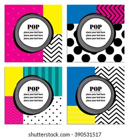 Pop art labels. Retro geometric patterns design card templates. 