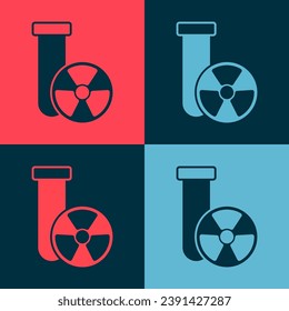 Pop art Laboratory chemical beaker with toxic liquid icon isolated on color background. Biohazard symbol. Dangerous symbol with radiation icon.  Vector