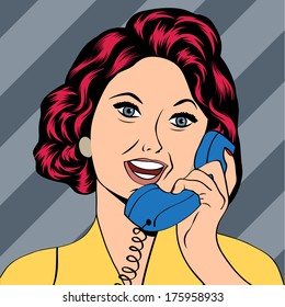 Pop Art lady chatting on the phone, vector illustration