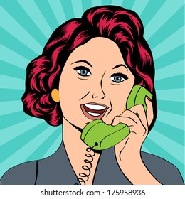 Pop Art lady chatting on the phone, vector illustration