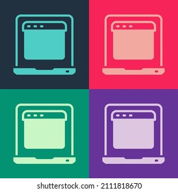 Pop art Laptop with browser window icon isolated on color background. Computer notebook with empty screen sign.  Vector