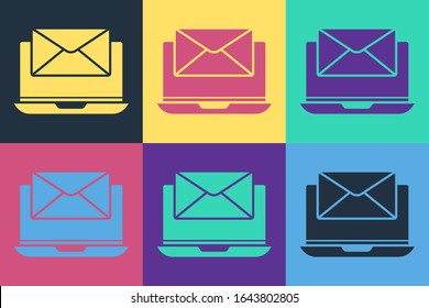 Pop art Laptop with envelope and open email on screen icon isolated on color background. Email marketing, internet advertising concepts.  Vector Illustration
