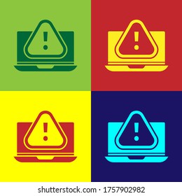 Pop art Laptop with exclamation mark icon isolated on color background. Alert message smartphone notification. Vector Illustration