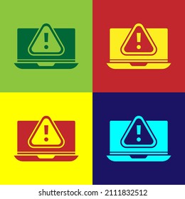 Pop art Laptop with exclamation mark icon isolated on color background. Alert message smartphone notification.  Vector