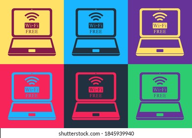 Pop art Laptop and free wi-fi wireless connection icon isolated on color background. Wireless technology, wi-fi connection, network, hotspot concepts. Vector.