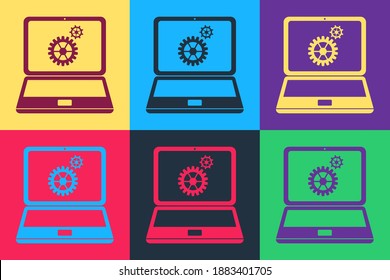 Pop art Laptop and gears icon isolated on color background. Adjusting app, service, setting options, maintenance, repair, fixing laptop concepts. Vector.