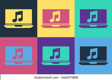 Pop art Laptop with music note symbol on screen icon isolated on color background.  Vector Illustration