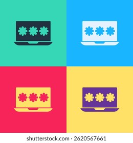 Pop art Laptop with password notification icon isolated on color background. Security, personal access, user authorization, login form.  Vector