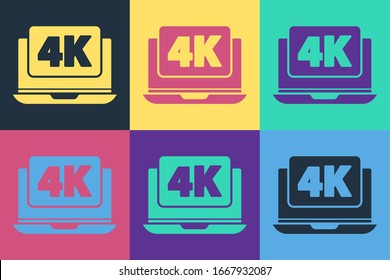 Pop art Laptop screen with 4k video technology icon isolated on color background.  Vector Illustration