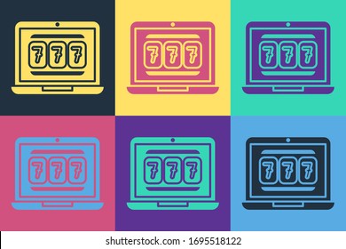 Pop art Laptop and slot machine with lucky sevens jackpot icon isolated on color background. Online casino.  Vector Illustration