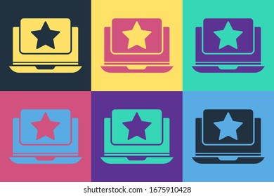 Pop art Laptop with star icon isolated on color background. Favorite, best rating, award symbol.  Vector Illustration