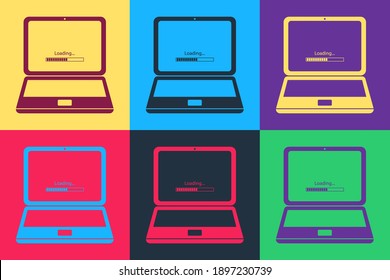 Pop art Laptop update process with loading bar icon isolated on color background. System software update. Loading process in laptop screen. Vector.