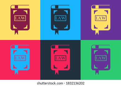 Pop art Law book icon isolated on color background. Legal judge book. Judgment concept. Vector.