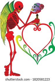 Pop art layout fancy heart and angel skull.Hand drawing and graphic vector.
