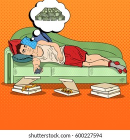 Pop Art Lazy Man Lying On Sofa, Watching TV And Dreaming About Big Money. Vector Illustration