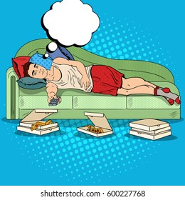 Pop Art Lazy Man Lying on Sofa and Watching TV with Pizza. Vector illustration