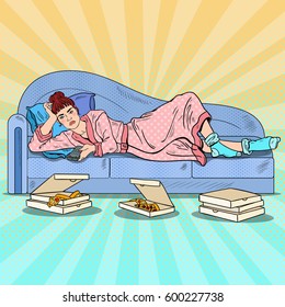 Pop Art Lazy Woman Lying on Sofa and Watching TV with Pizza. Vector illustration