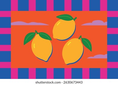 Pop Art Lemons on Orange Background – Bold Fruit Illustration with Retro Colors, Graphic Citrus Pattern for Summer Prints, Kitchen Decor, Mediterranean Style or Trendy Contemporary Digital Design