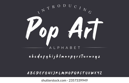 Pop Art Lettering font isolated on black background. Texture alphabet in street art and graffiti style. Grunge and dirty effect.  Vector brush letters.