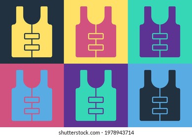 Pop Art Life Jacke Symbol einzeln auf Farbhintergrund. Lebensweste-Symbol. Extremsport. Sportgeräte.  Vektorgrafik