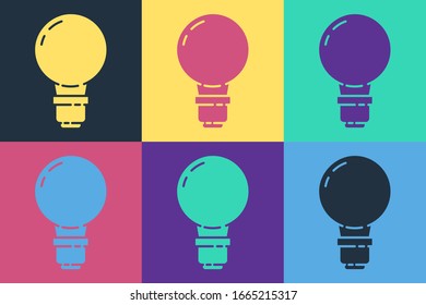 Pop art Light bulb with concept of idea icon isolated on color background. Energy and idea symbol. Inspiration concept.  Vector Illustration
