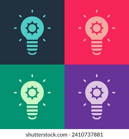 Pop art Light bulb with concept of idea icon isolated on color background. Energy and idea symbol. Inspiration concept.  Vector